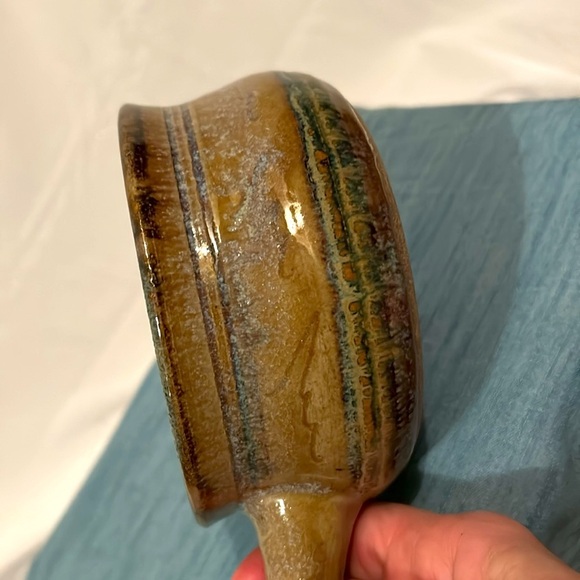 Pottery Soup Stew Bowl with Flared Handle Small Brown & Blue Hand Built Art - Picture 7 of 8